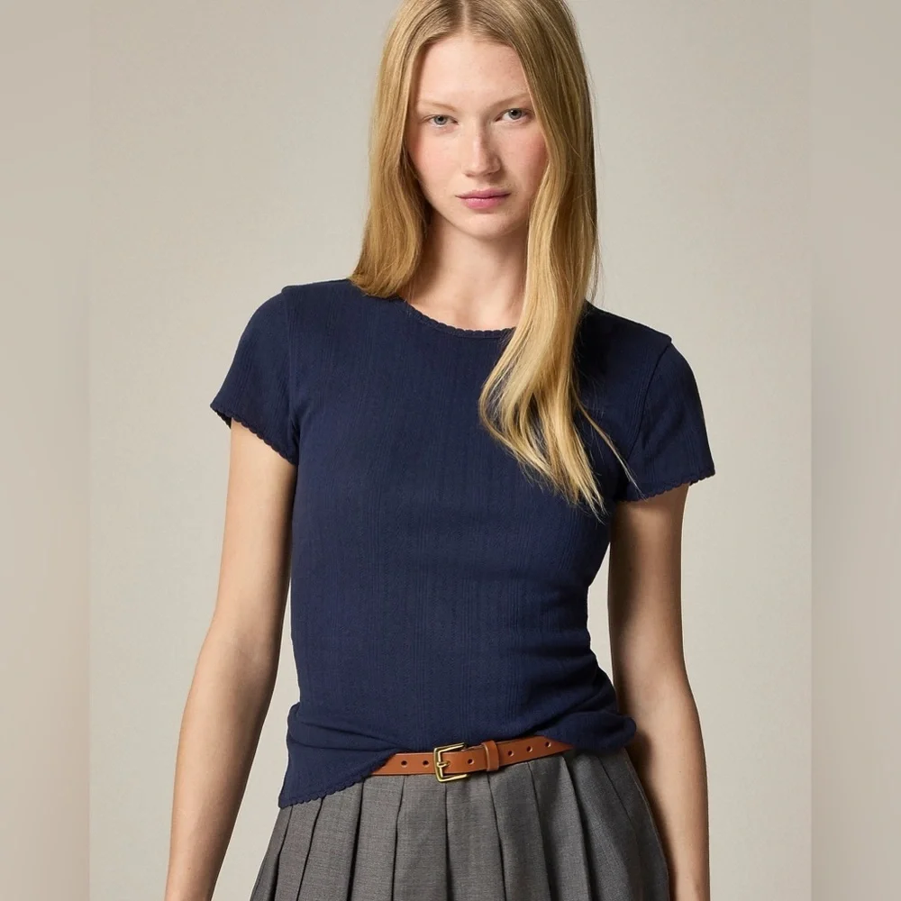 NWT J. Crew Pointelle Cotton Navy Blue Short Sleeve T Shirt XS - Picture 1 of 9